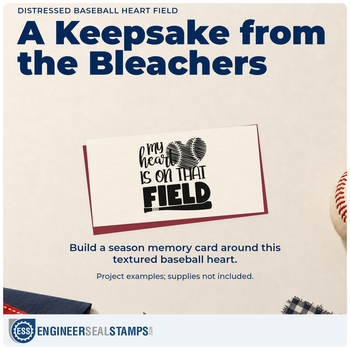 A finished handmade project stamped with the My Heart Is On That Field Distressed Ball Rubber Stamp – Wood Handle, ideal for farmhouse wall art.