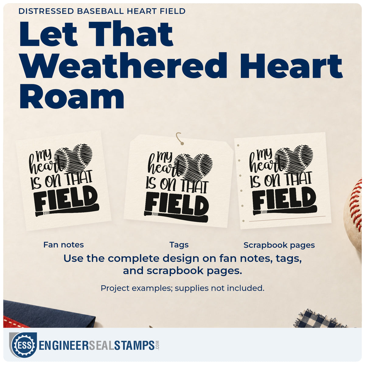 Three project examples made with the My Heart Is On That Field Distressed Ball Rubber Stamp – Wood Handle, including senior night frames.