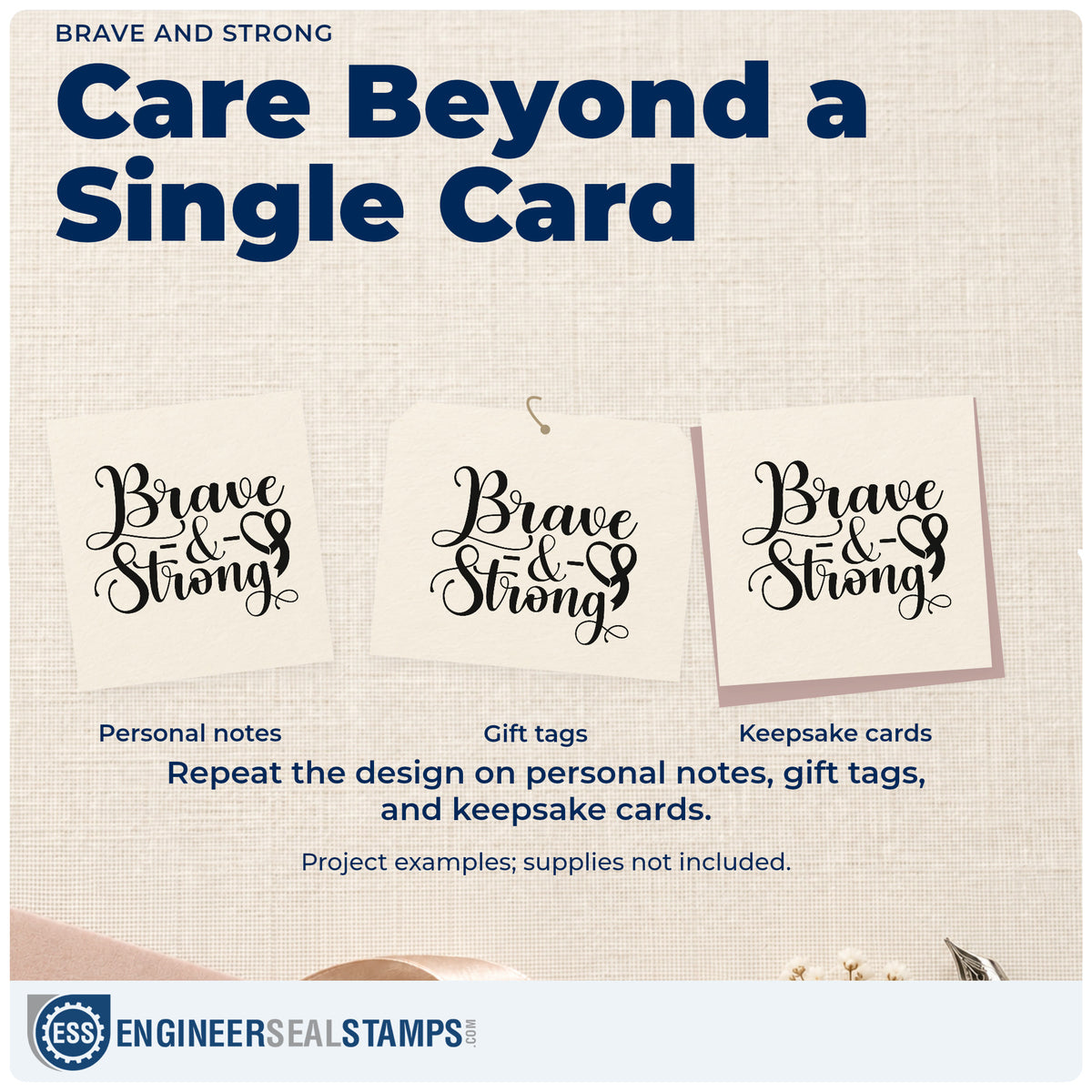 Three project examples made with the Pre-Inked Brave And Strong Stamp – PSI, including walk team tees.
