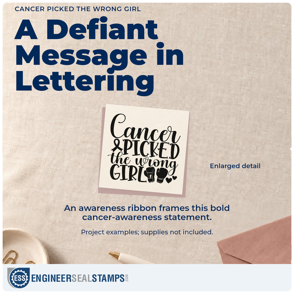 Enlarged detail of the Cancer Picked The Wrong Girl Awareness Ribbon Compact Pre-Inked Stamp – Slim imprint. An awareness ribbon and hearts accent "Cancer picked the wrong girl" in bold and script lettering.