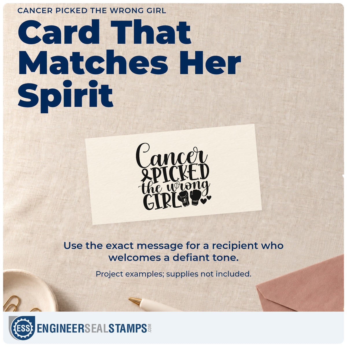 A finished handmade project stamped with the Cancer Picked The Wrong Girl Awareness Ribbon PSI Pre-Inked Stamp, ideal for walk team shirts.