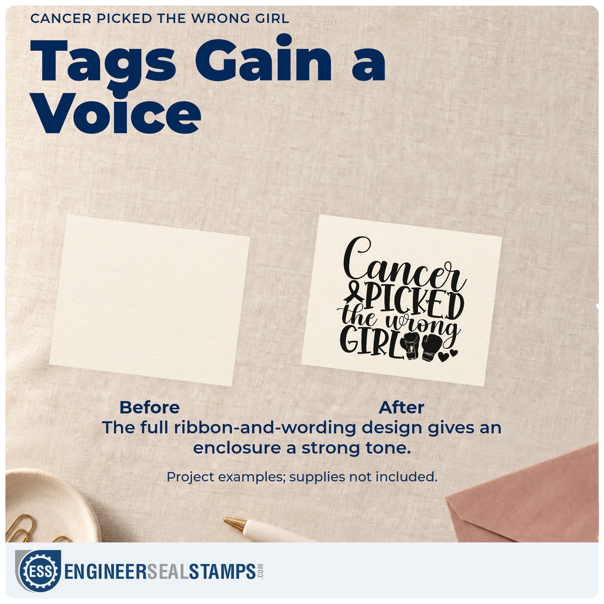 Before and after of a plain item finished with the Cancer Picked The Wrong Girl Awareness Ribbon PSI Pre-Inked Stamp, a quick upgrade for tote bag printing.