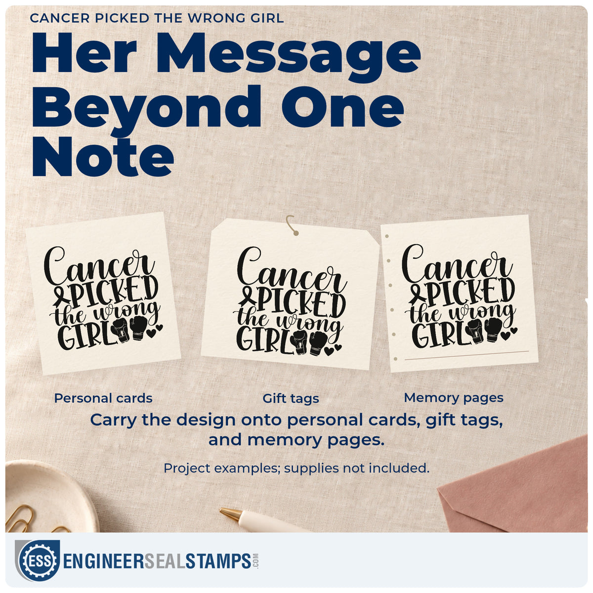 Three project examples made with the Cancer Picked The Wrong Girl Awareness Ribbon Self-Inking Stamp, including treatment journal covers.