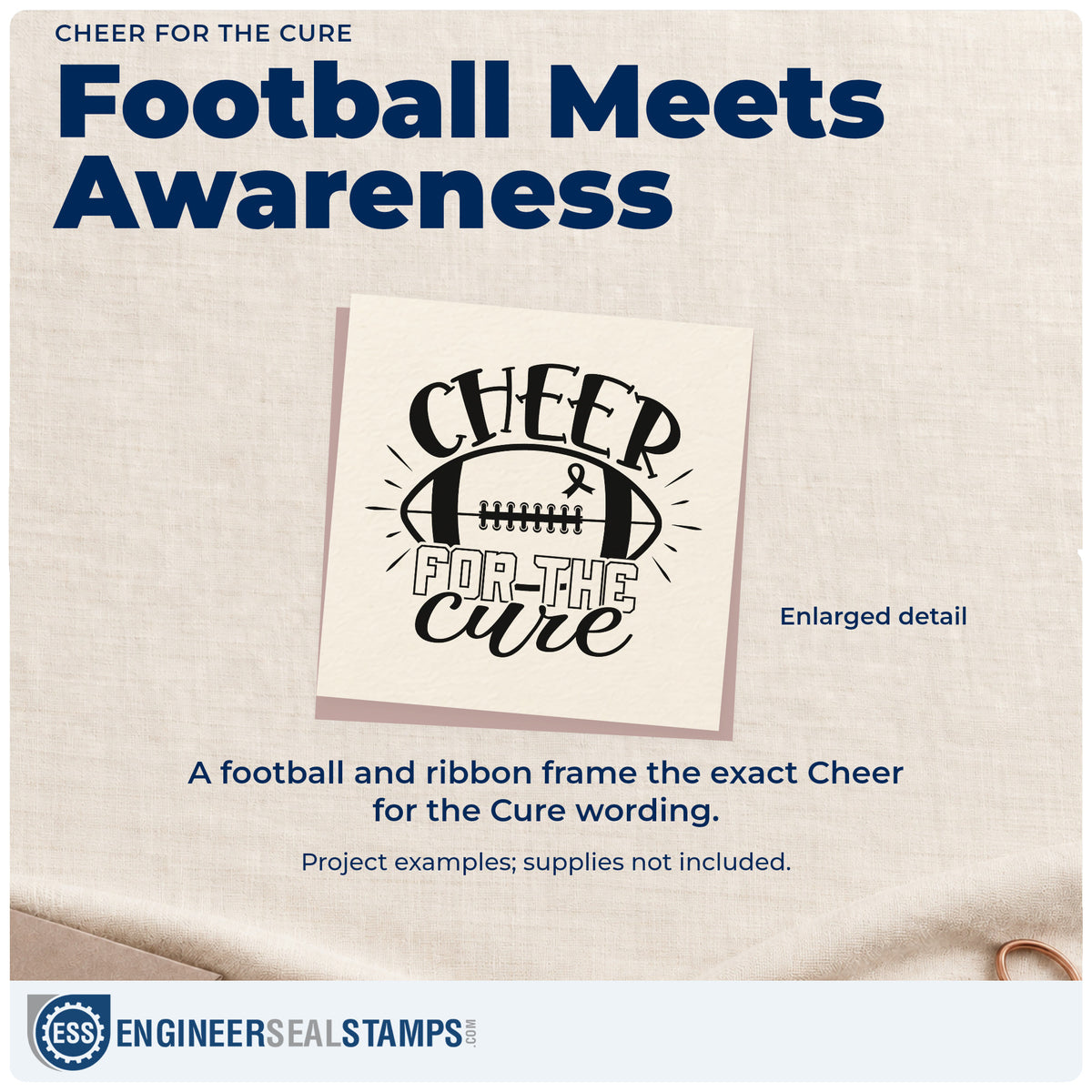 Enlarged detail of the Cheer For The Cure Rubber Stamp – Wood Handle imprint. A football with an awareness ribbon is framed by "Cheer for the cure" and short radiating lines.