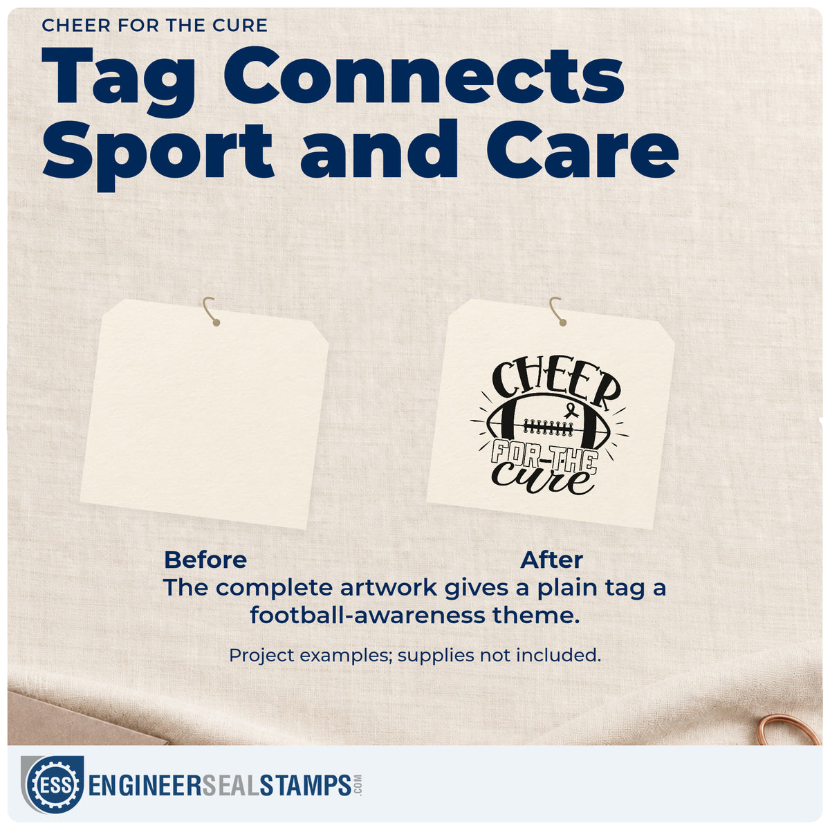 Before and after of a plain item finished with the Cheer For The Cure Premium Wooden Stamp - Vintage Pro, a quick upgrade for team tee transfers.