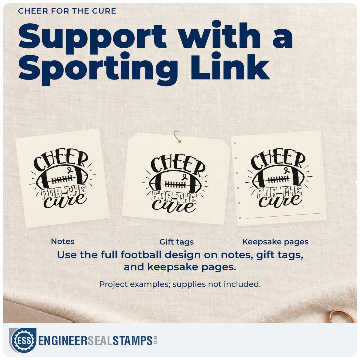 Three project examples made with the Cheer For The Cure Rubber Stamp – Wood Handle, including concession stand tags.