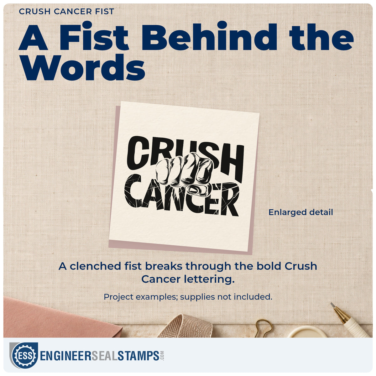 Enlarged detail of the Crush Cancer Fist Lettering Self-Inking Craft Stamp imprint. A clenched fist breaks through bold "Crush cancer" lettering.