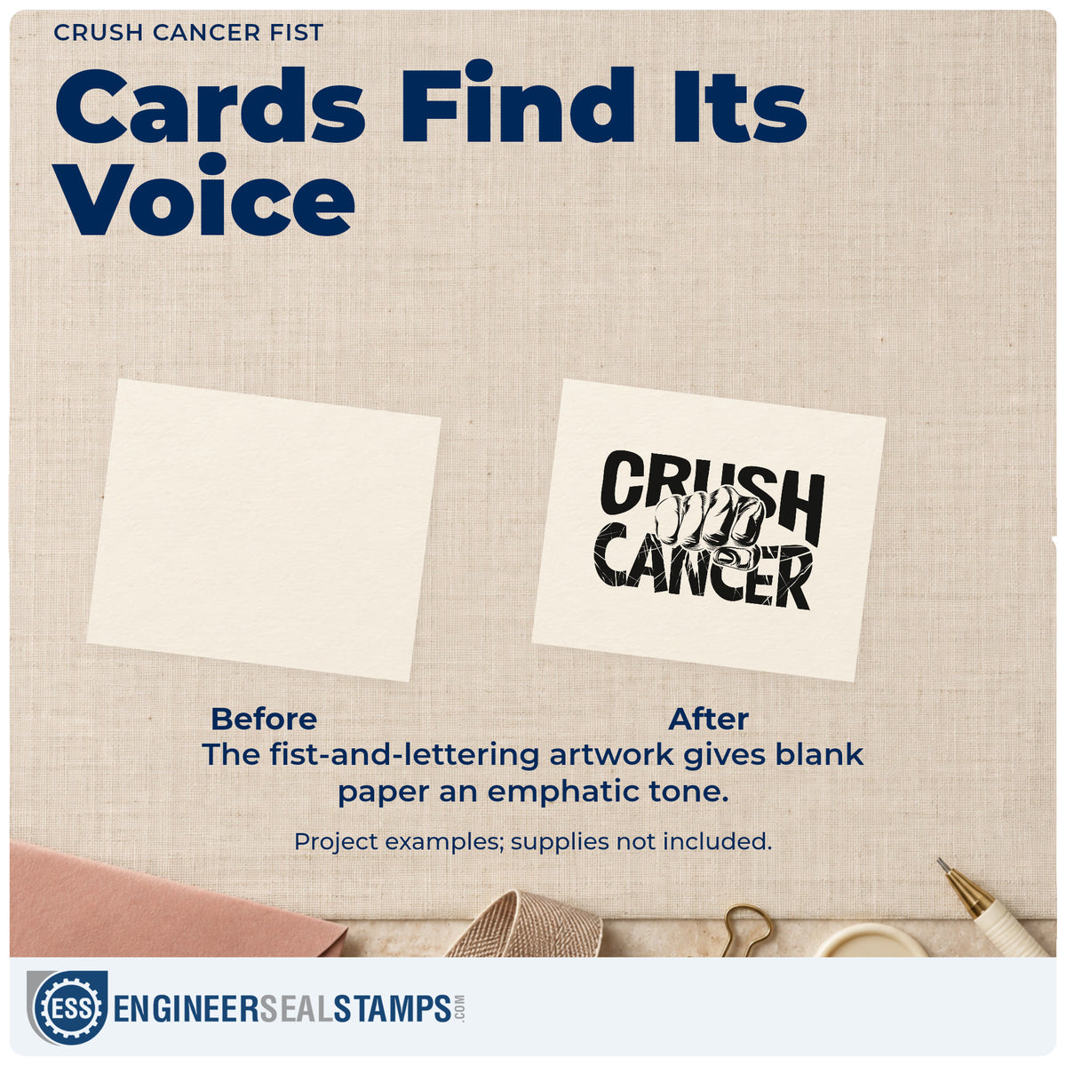 Before and after of a plain item finished with the Slim Pre-Inked Crush Cancer Fist Lettering Stamp, a quick upgrade for journal cover stamping.