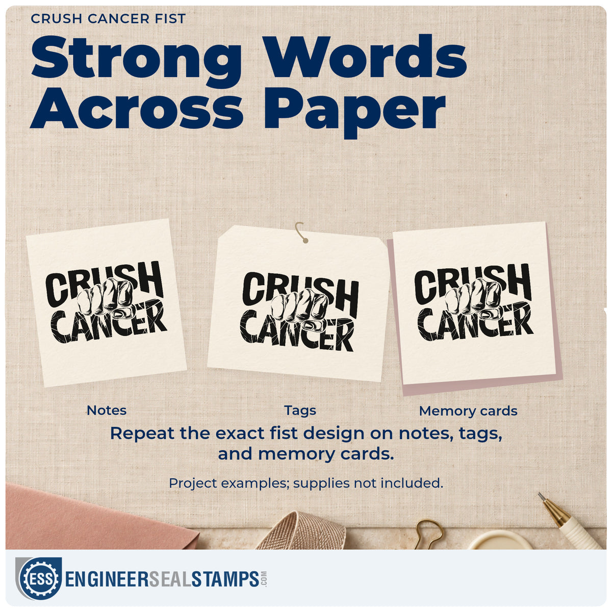 Three project examples made with the Crush Cancer Fist Lettering Rubber Stamp – Duo Hand, including benefit walk banners.