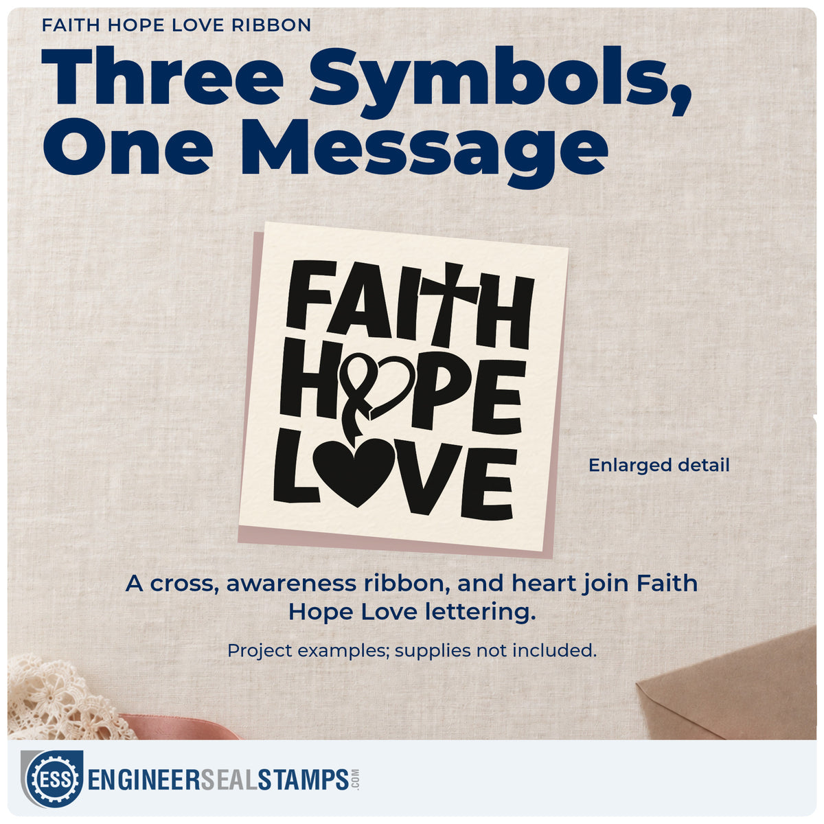 Enlarged detail of the Faith Hope Love Ribbon Pre-Inked Stamp – Slim imprint. Stacked "Faith hope love" lettering incorporates a cross, awareness ribbon, and solid heart.