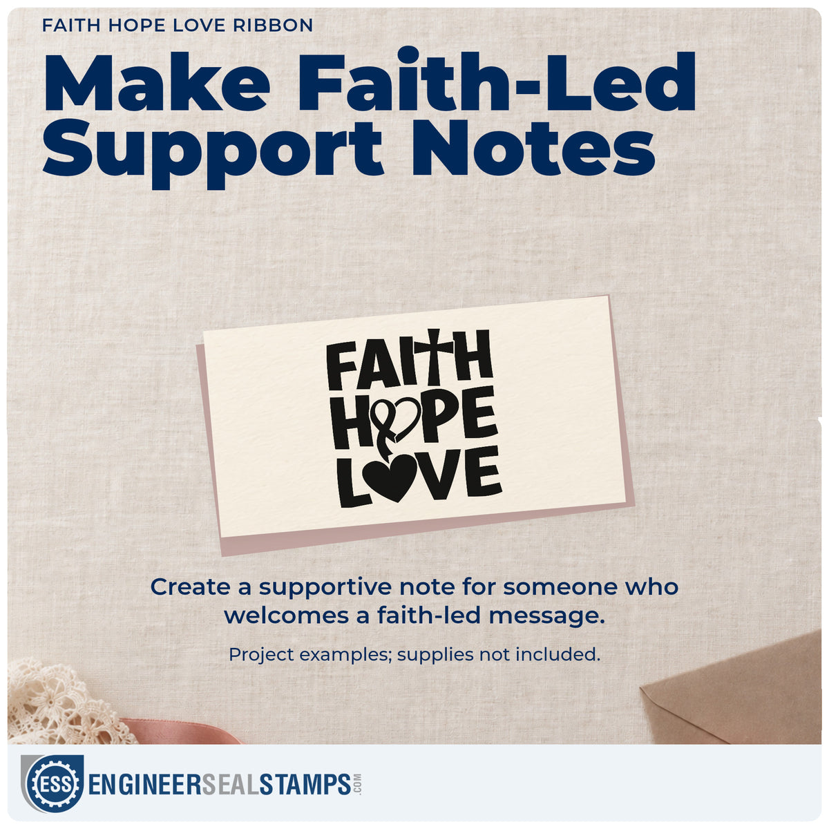A finished handmade project stamped with the Faith Hope Love Ribbon PSI Pre-Inked Stamp, ideal for meal ministry notes.