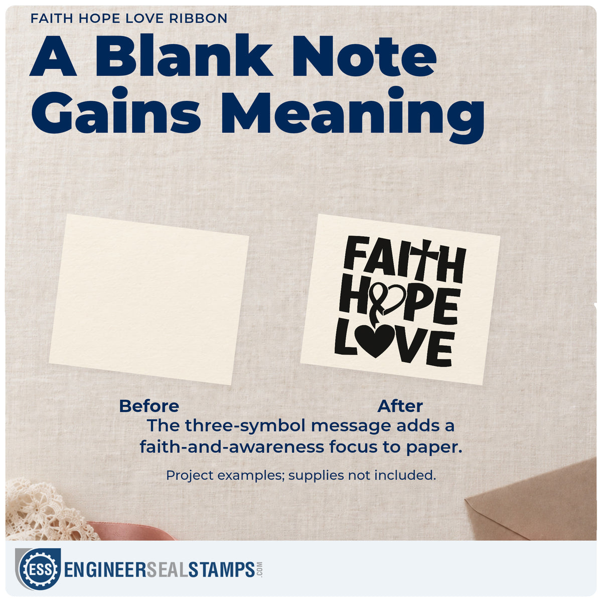 Before and after of a plain item finished with the Faith Hope Love Ribbon PSI Pre-Inked Stamp, a quick upgrade for fundraiser table signs.