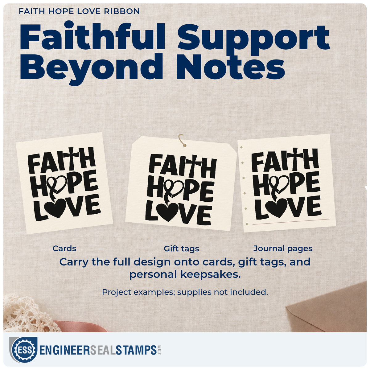 Three project examples made with the Faith Hope Love Ribbon Pre-Inked Stamp – Slim, including hospital visit cards.
