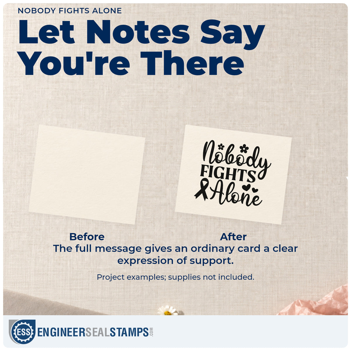 Before and after of a plain item finished with the Self-Inking Nobody Fights Alone Awareness Ribbon Stamp, a quick upgrade for group name tags.