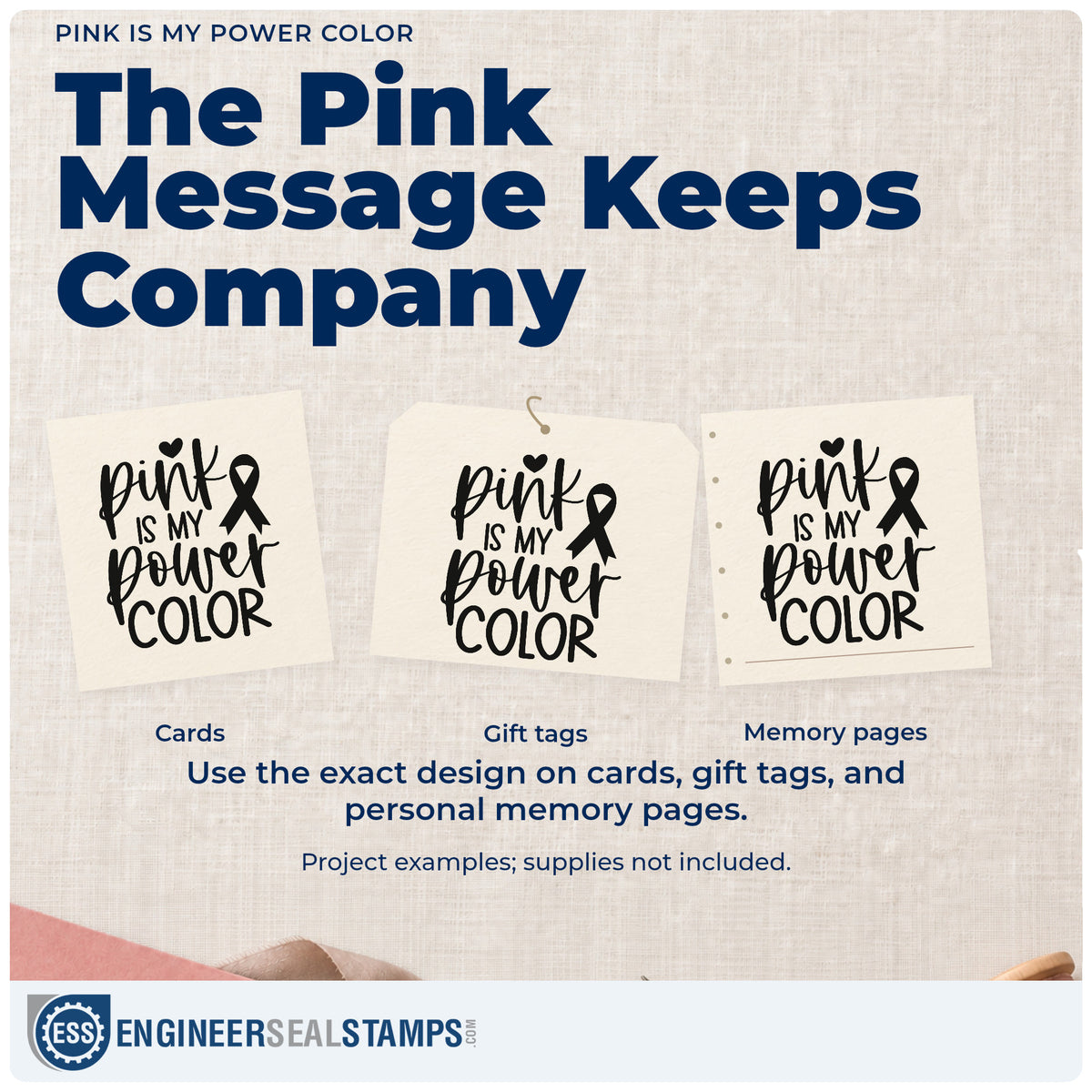 Three project examples made with the Pink Is My Power Color Rubber Stamp – Duo Hand, including care package tags.