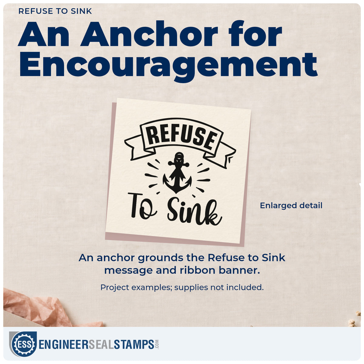 Enlarged detail of the Refuse To Sink Anchor Wood Handle Stamp imprint. A ribbon banner reading "Refuse" sits above an anchor and "To sink" script.