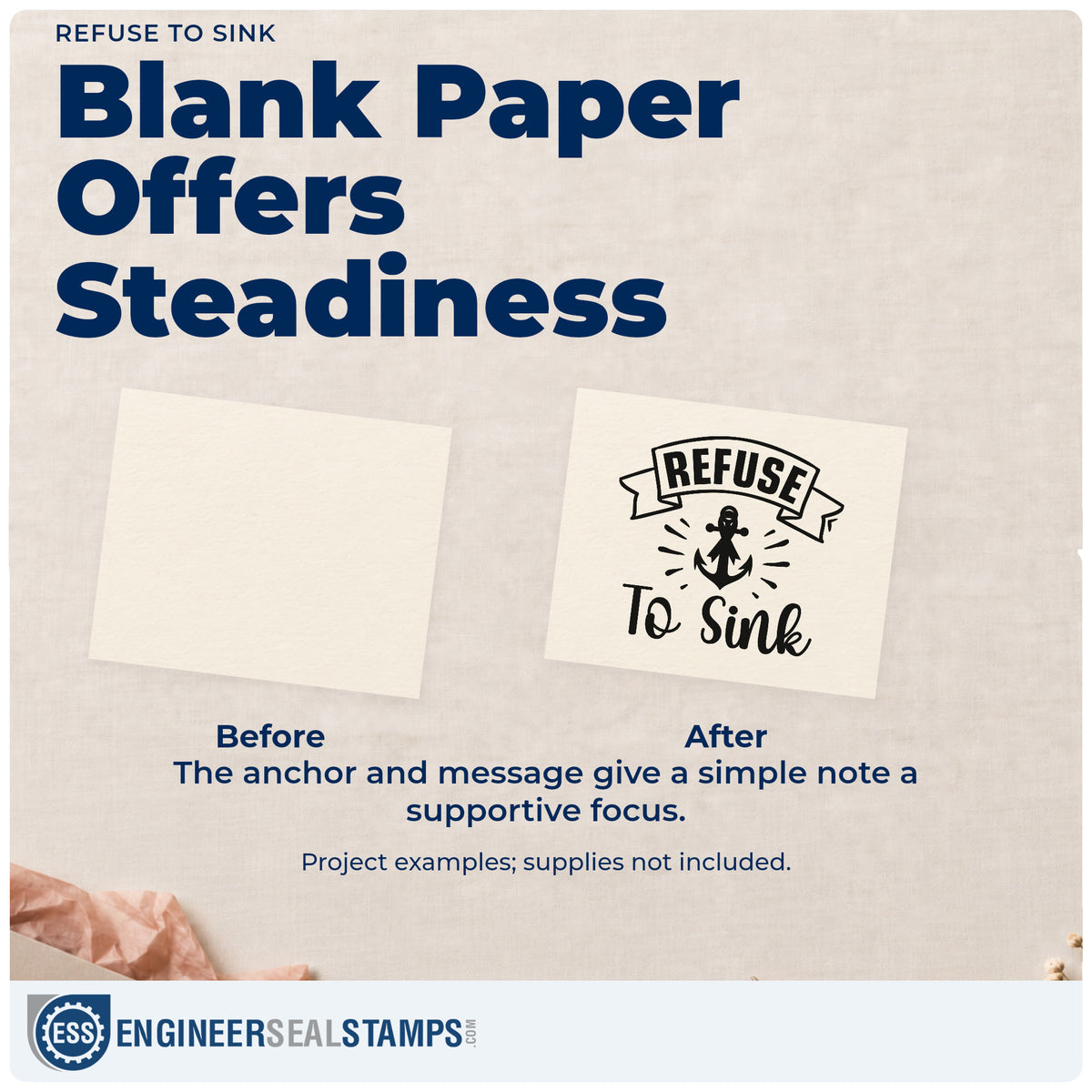 Before and after of a plain item finished with the Refuse To Sink Anchor Self-Inking Stamp, a quick upgrade for everyday totes.