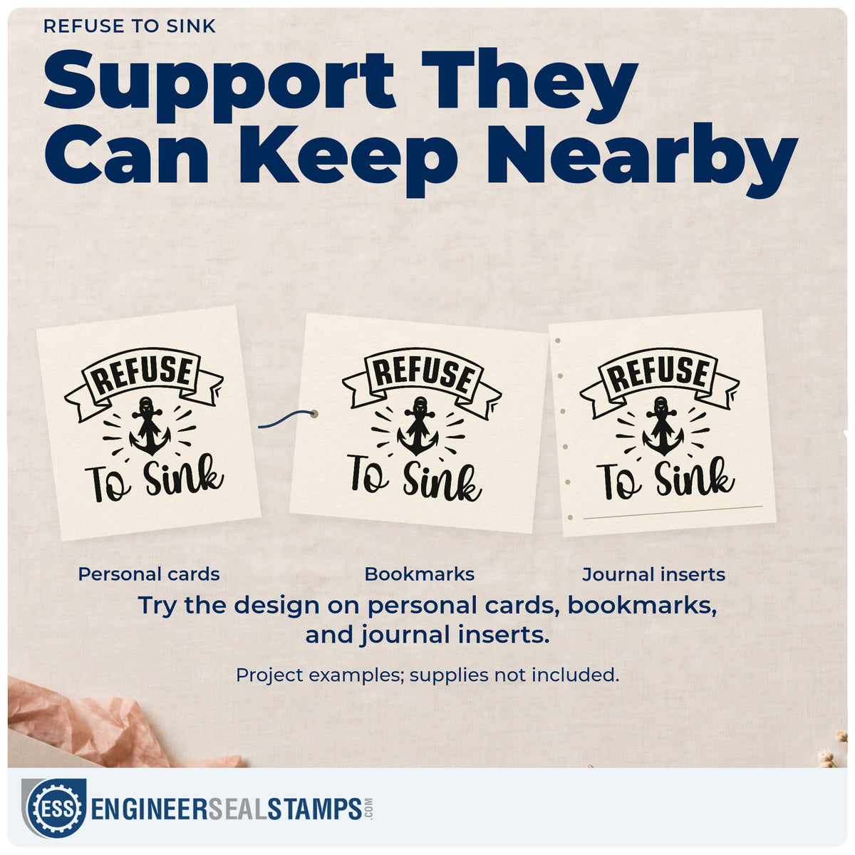 Three project examples made with the Refuse To Sink Anchor Wood Handle Stamp, including journal covers.