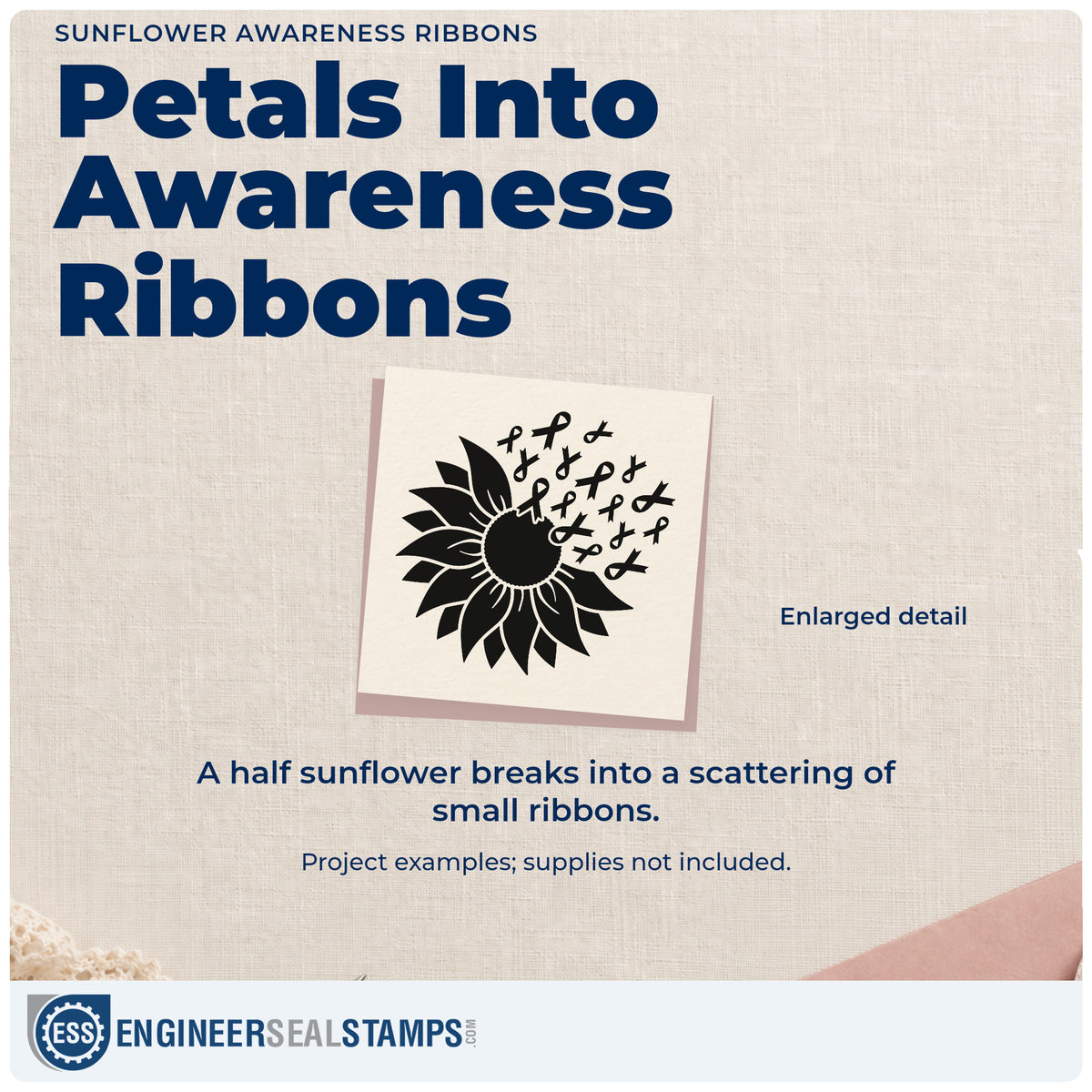 Enlarged detail of the Awareness Ribbons From A Sunflower Stamp – Self-Inking imprint. Half of a sunflower breaks into a scattering of small awareness ribbons.