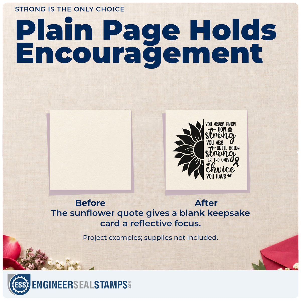Before and after of a plain item finished with the Strong Is The Only Choice Pre-Inked Stamp – Slim, a quick upgrade for support group handouts.