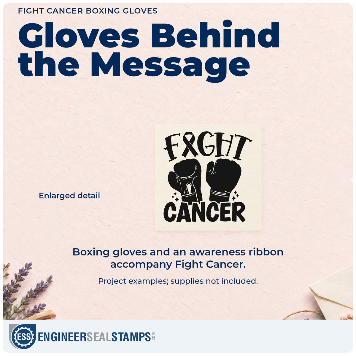 Enlarged detail of the Fight Cancer Boxing Gloves Awareness Ribbon Stamp – Wood Handle imprint. Two boxing gloves sit between "Fight" and "Cancer," with an awareness ribbon replacing the I.