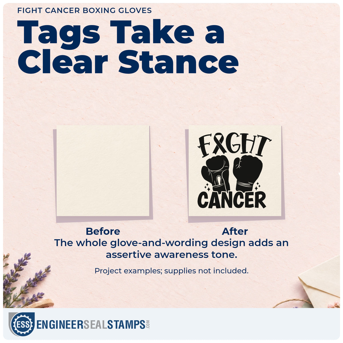 Before and after of a plain item finished with the Fight Cancer Boxing Gloves Awareness Ribbon Compact Pre-Inked Stamp – Slim, a quick upgrade for final bell party invites.