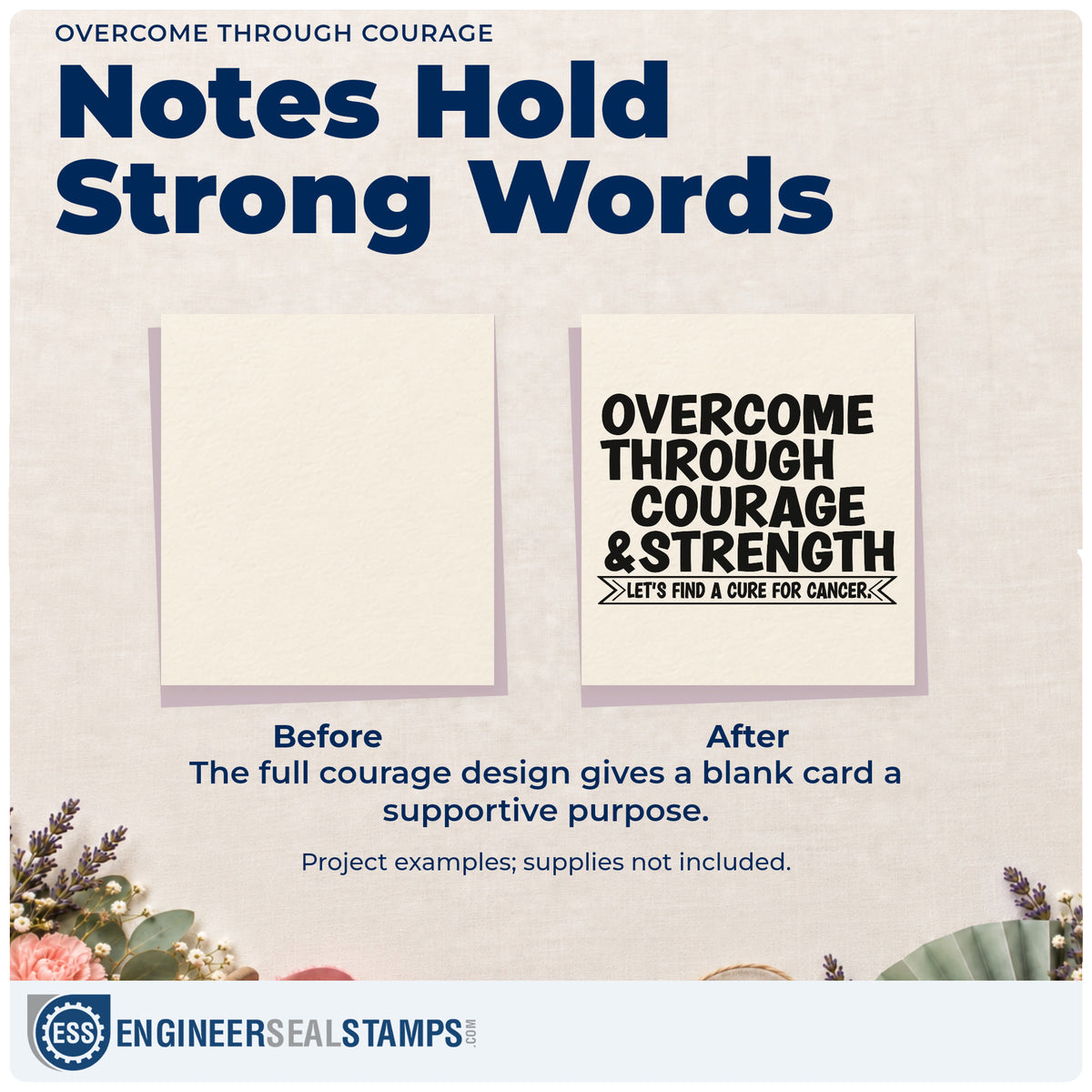 Before and after of a plain item finished with the Overcome Through Courage & Strength Slim Pre-Inked Stamp, a quick upgrade for tote bag printing.