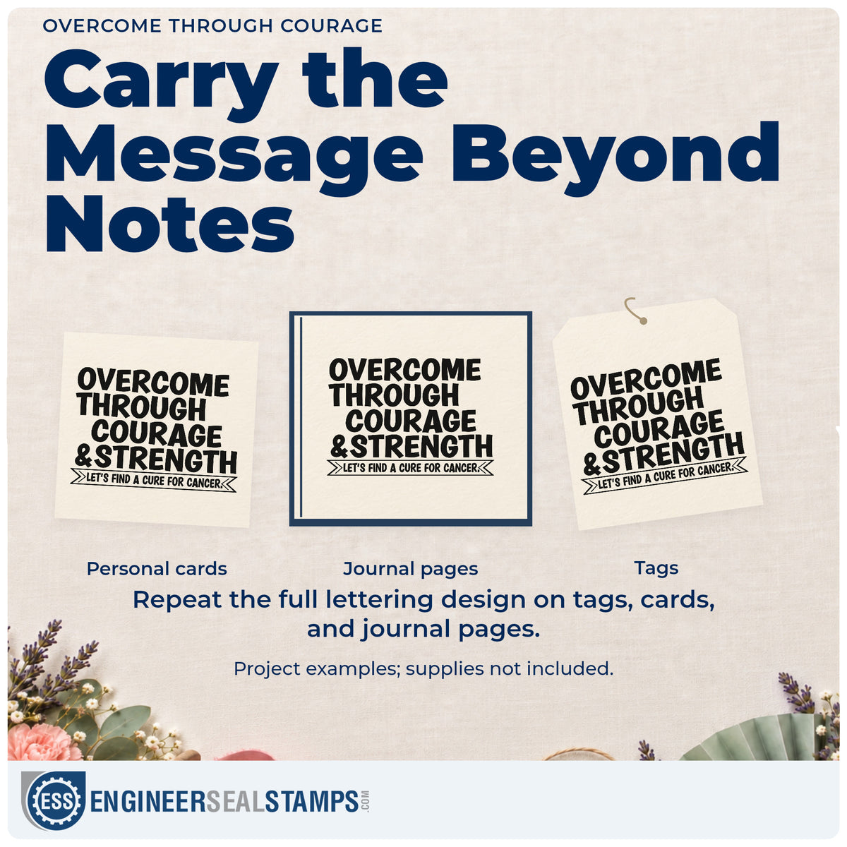 Three project examples made with the Overcome Through Courage & Strength Rubber Stamp – Wood Handle, including scrapbook milestone pages.