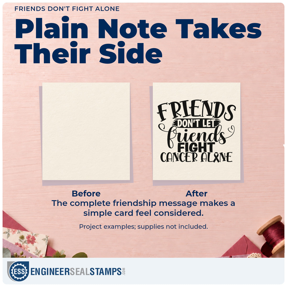 Before and after of a plain item finished with the Friends Don't Fight Alone Wood Handle Stamp, a quick upgrade for group gift tags.