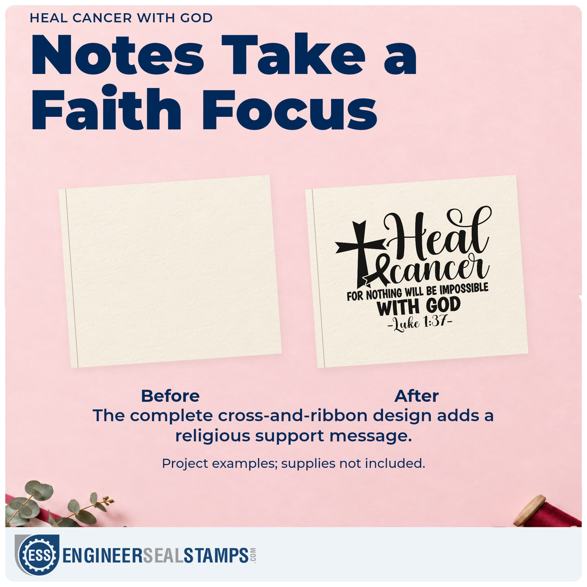 Before and after of a plain item finished with the Heal Cancer With God Pre-Inked Stamp – Slim, a quick upgrade for scrapbook faith pages.