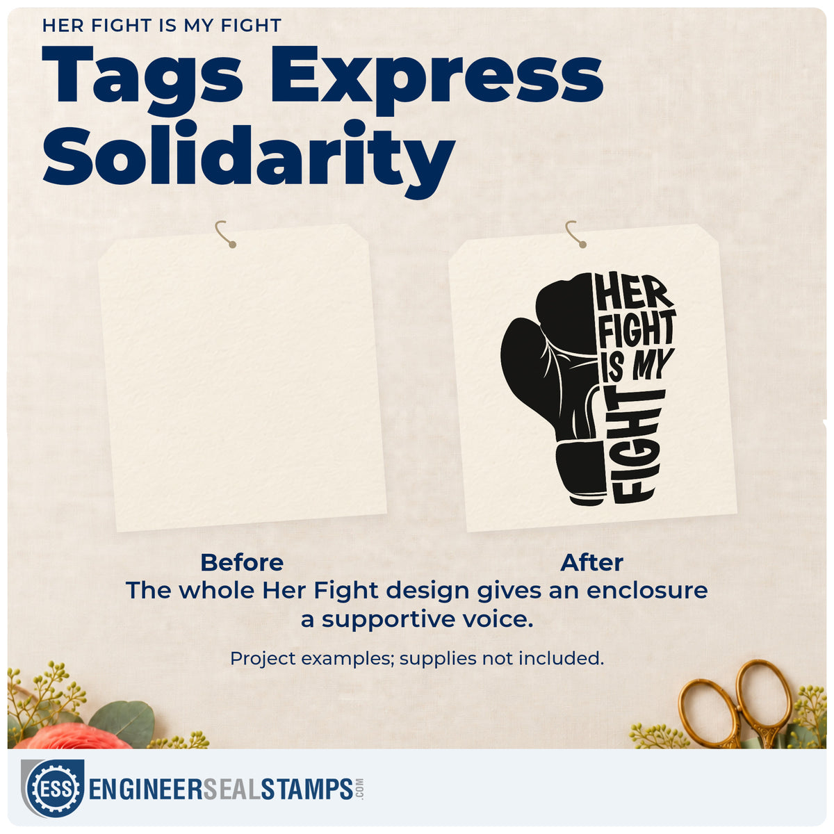 Before and after of a plain item finished with the Her Fight Is My Fight Boxing Gloves Slim Pre-Inked Stamp, a quick upgrade for care package tags.