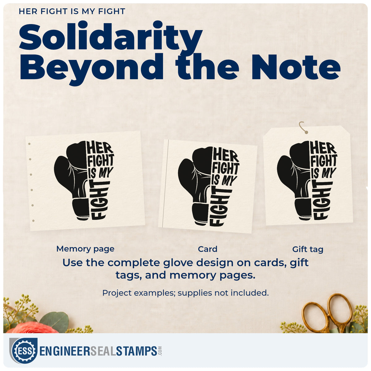 Three project examples made with the Self-Inking Her Fight Is My Fight Boxing Gloves Stamp, including scrapbook family pages.