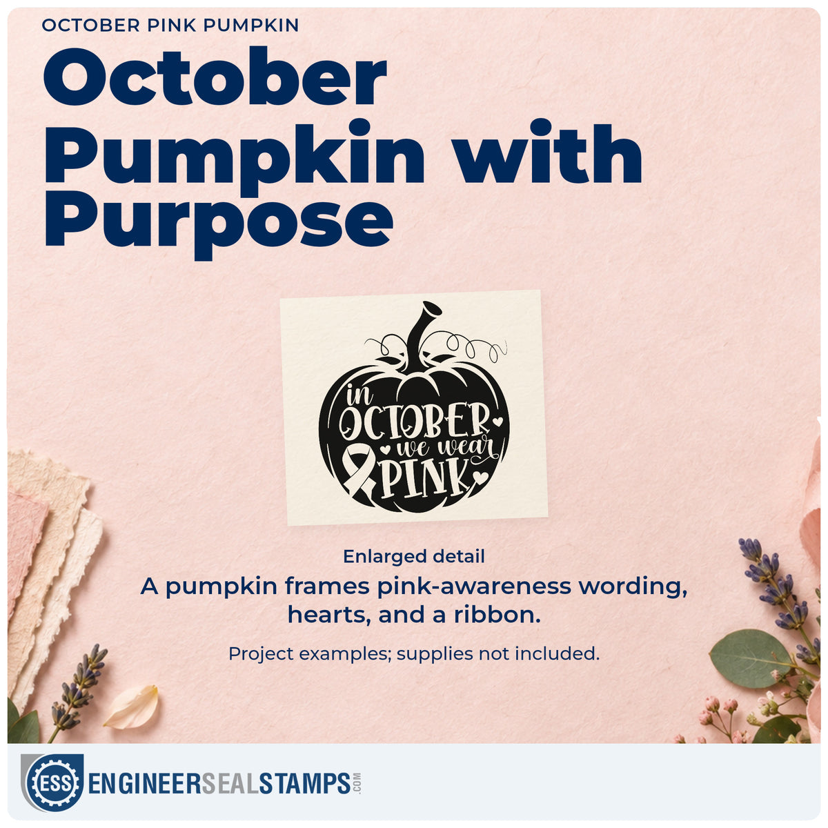 Enlarged detail of the October Pink Pumpkin Pre-Inked Stamp – Slim imprint. A pumpkin outline contains "In October we wear pink," small hearts, and an awareness ribbon.