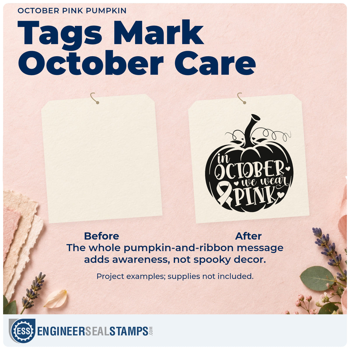 Before and after of a plain item finished with the Wood Handle October Pink Pumpkin Rubber Stamp, a quick upgrade for fall tote bags.