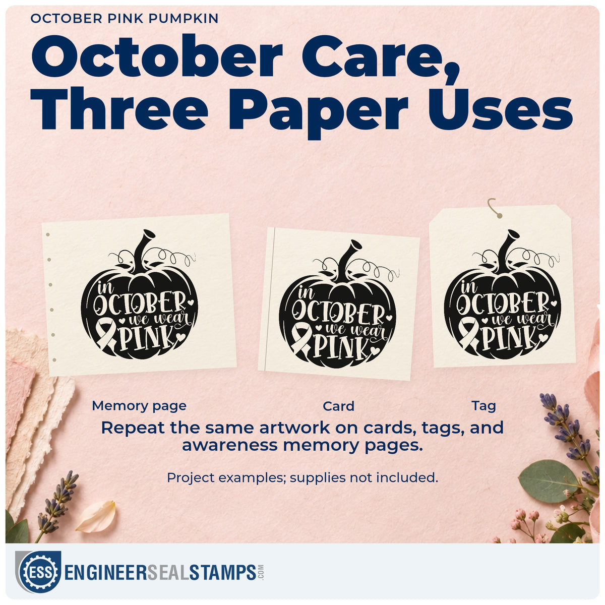 Three project examples made with the October Pink Pumpkin Rubber Stamp – Duo Hand, including bake sale tags.