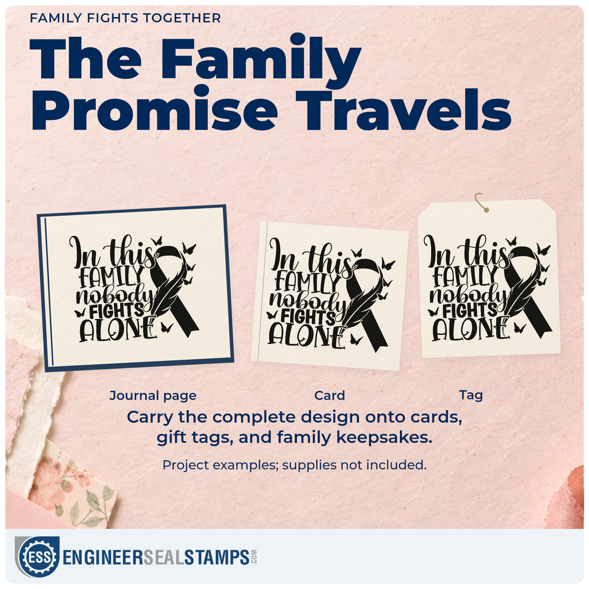 Three project examples made with the Family Fights Together Awareness Ribbon Stamp – PSI Pre-Inked, including scrapbook family pages.