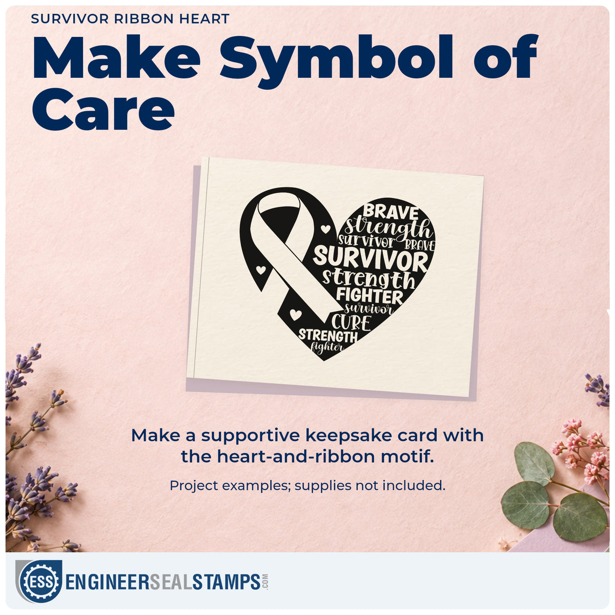 A finished handmade project stamped with the Survivor Ribbon Heart Premium Wooden Stamp - Vintage Pro, ideal for remission party invites.