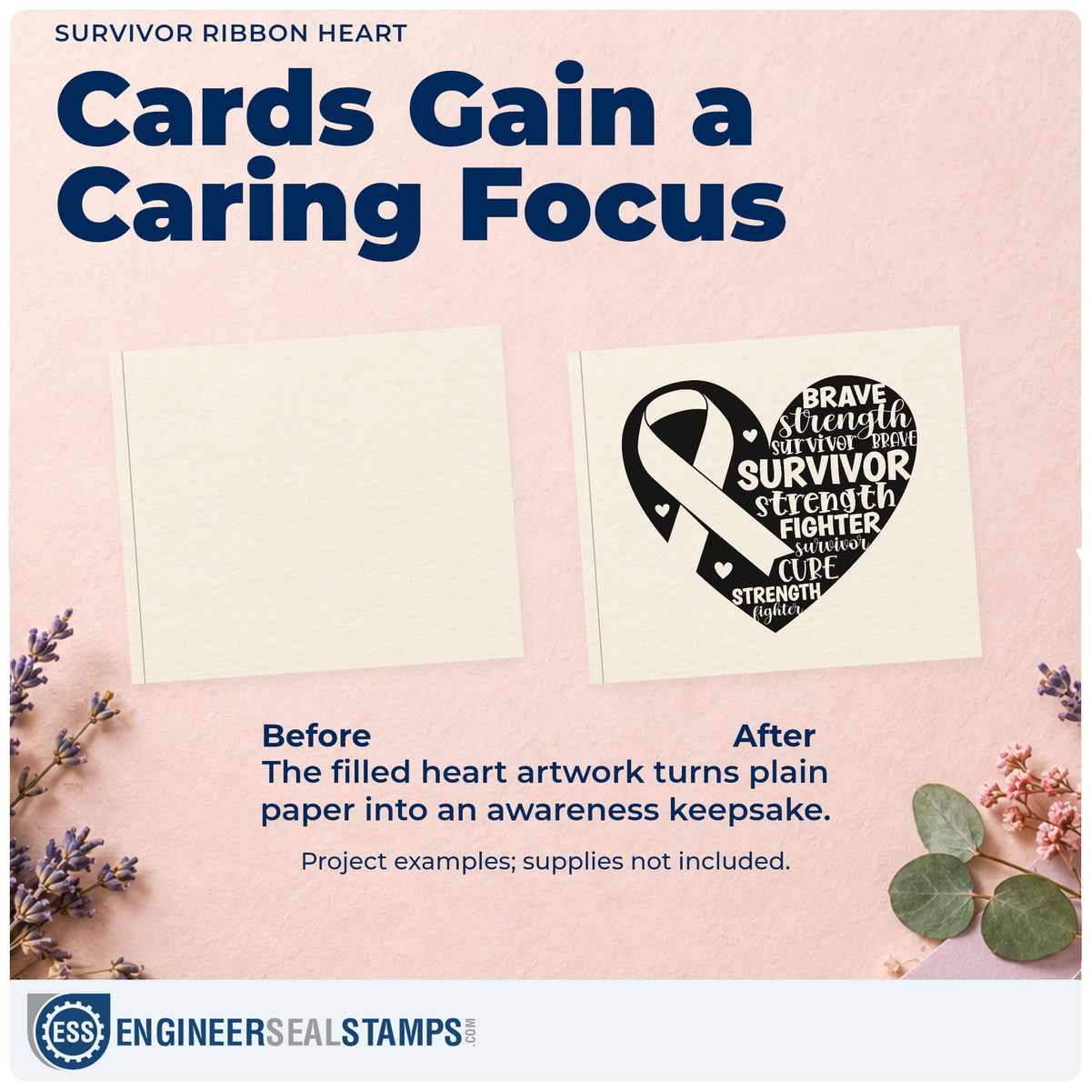 Before and after of a plain item finished with the Survivor Ribbon Heart Premium Wooden Stamp - Vintage Pro, a quick upgrade for framed keepsake art.