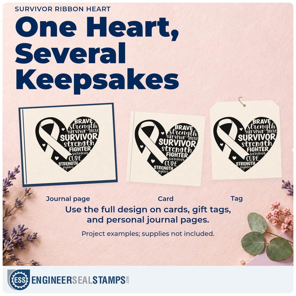 Three project examples made with the Survivor Ribbon Heart Rubber Stamp – Wood Handle, including survivor walk tees.