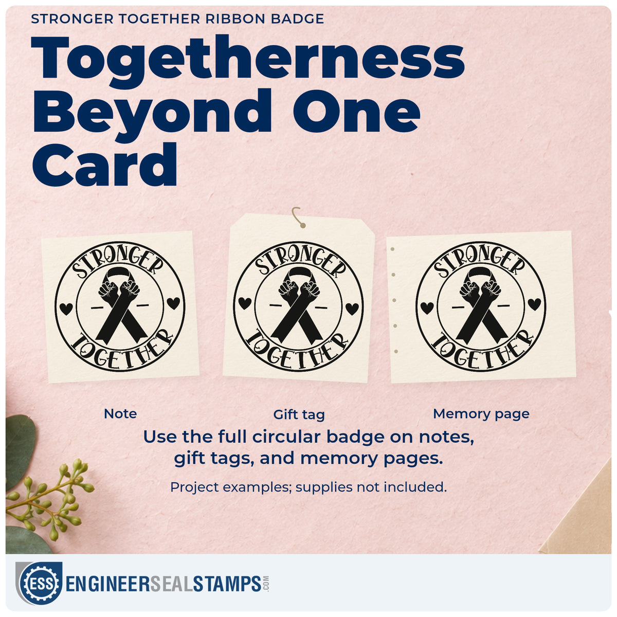 Three project examples made with the Stronger Together Ribbon Emblem Slim Pre-Inked Stamp, including scrapbook team pages.