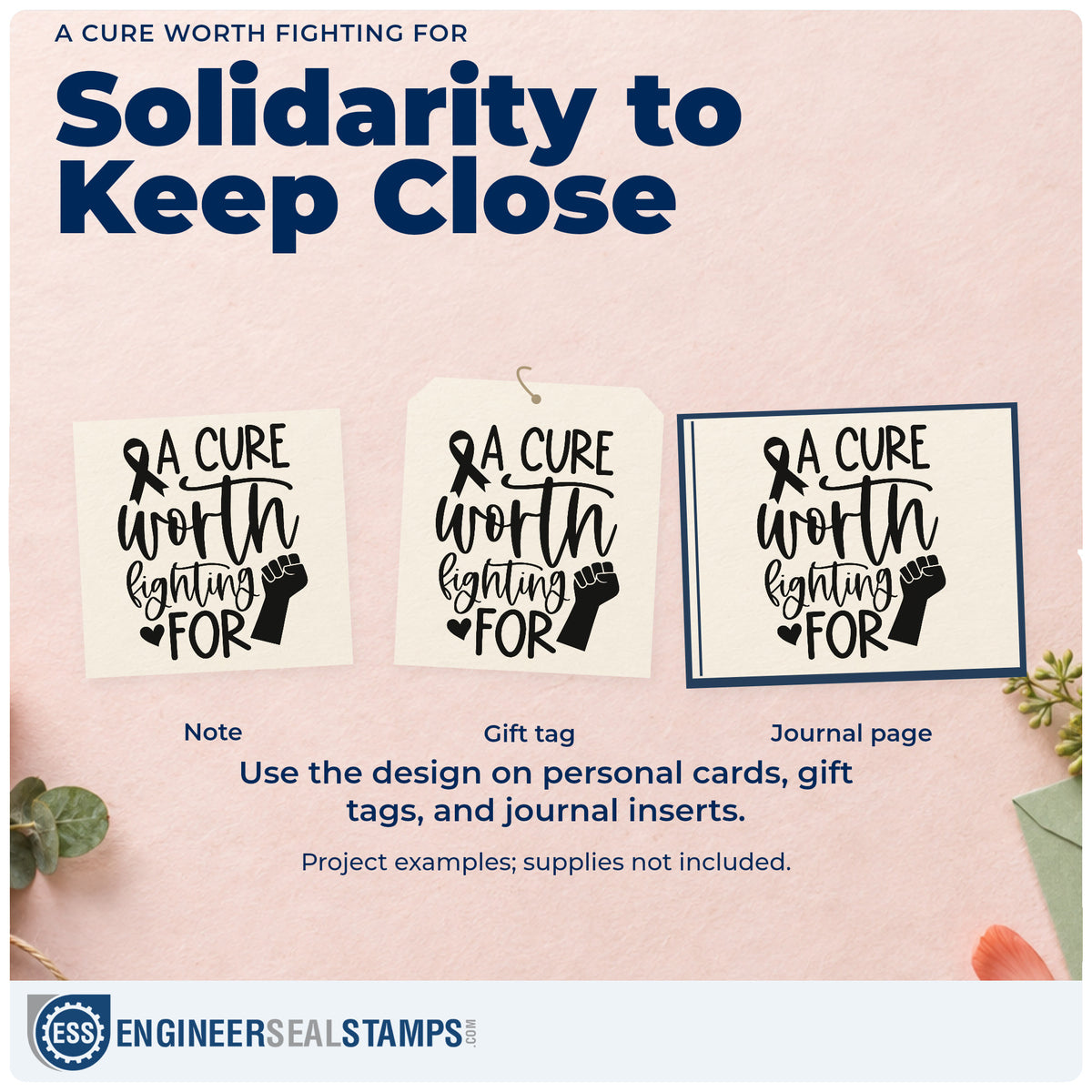 Three project examples made with the A Cure Worth Fighting For Rubber Stamp – Wood Handle, including walk team tees.