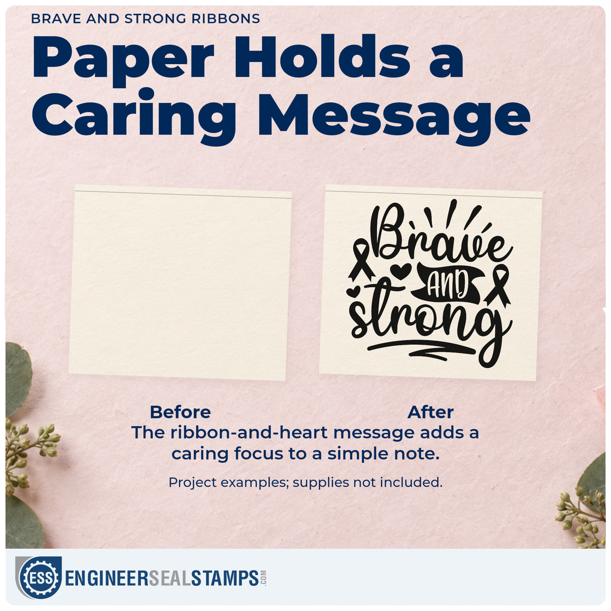 Before and after of a plain item finished with the Brave And Strong Ribbons With Hearts PSI Pre-Inked Stamp, a quick upgrade for bookmark gifts.