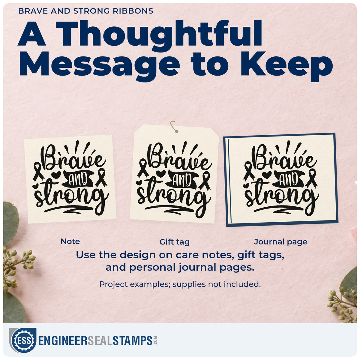 Three project examples made with the Brave And Strong Ribbons With Hearts Stamp – Wood Handle, including kids' coloring cards.