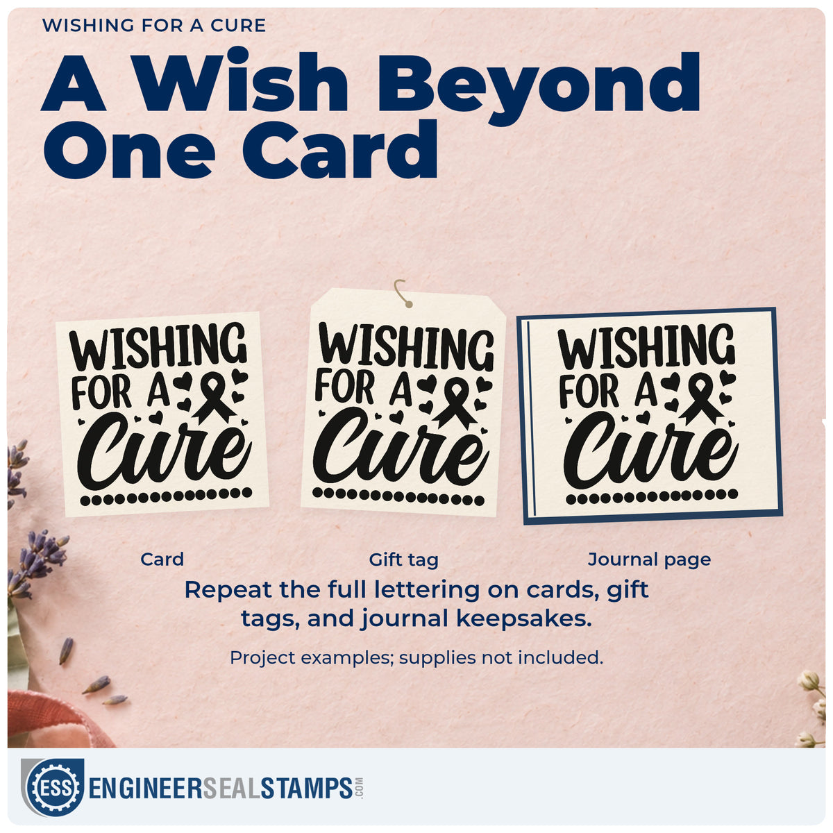 Three project examples made with the Wishing For A Cure Slim Pre-Inked Stamp, including scrapbook hope pages.