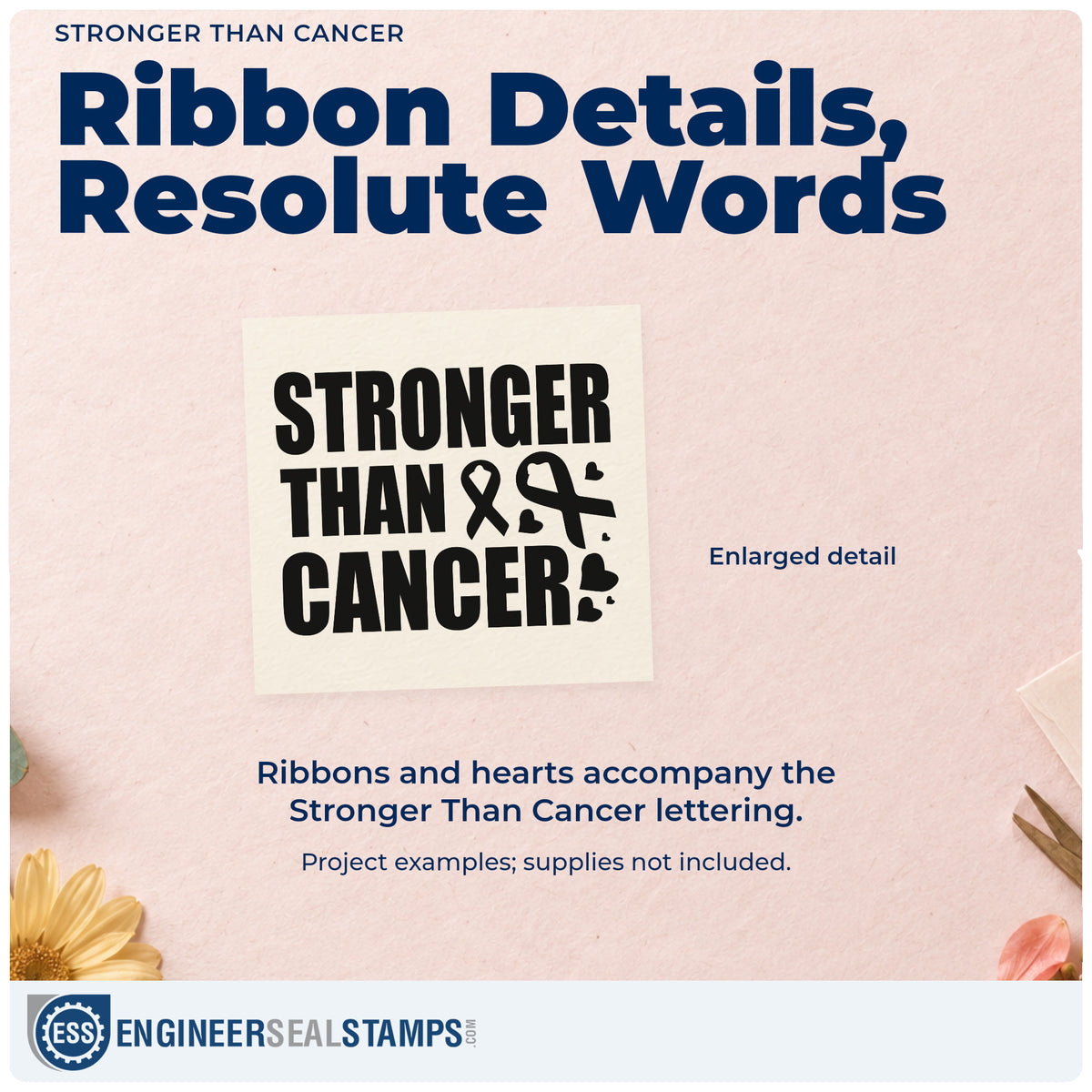 Enlarged detail of the Stronger Than Cancer Wood-Mounted Rubber Stamp imprint. Bold stacked "Stronger than cancer" lettering is accompanied by awareness ribbons and small hearts.