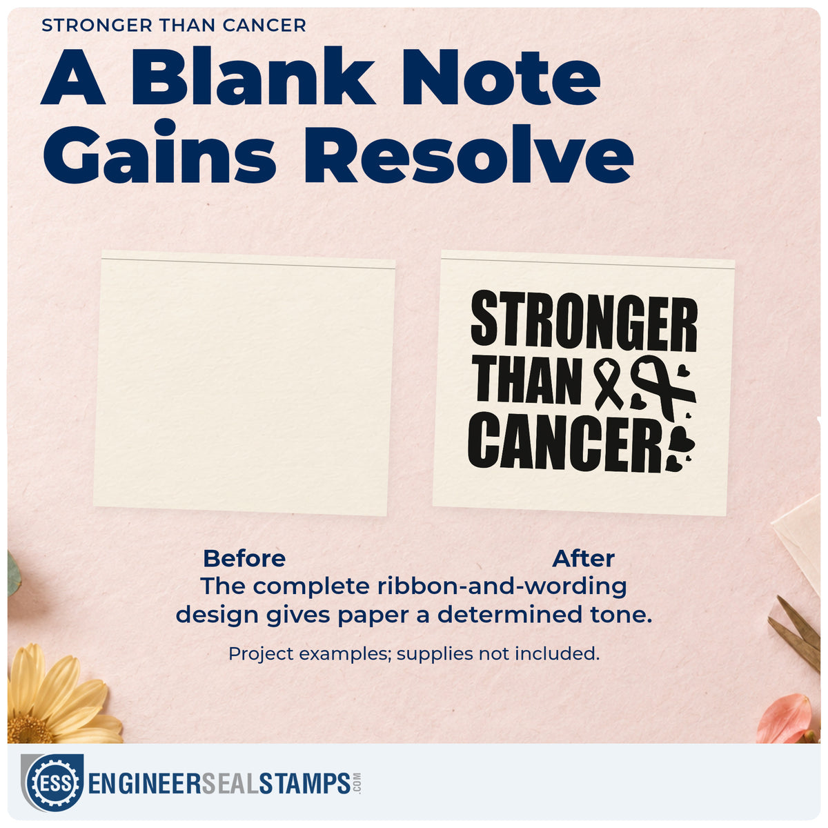 Before and after of a plain item finished with the Stronger Than Cancer Pre-Inked Stamp – Slim, a quick upgrade for care package tags.