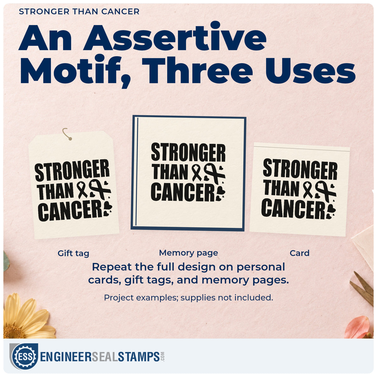 Three project examples made with the Stronger Than Cancer Wood-Mounted Rubber Stamp, including scrapbook milestone pages.