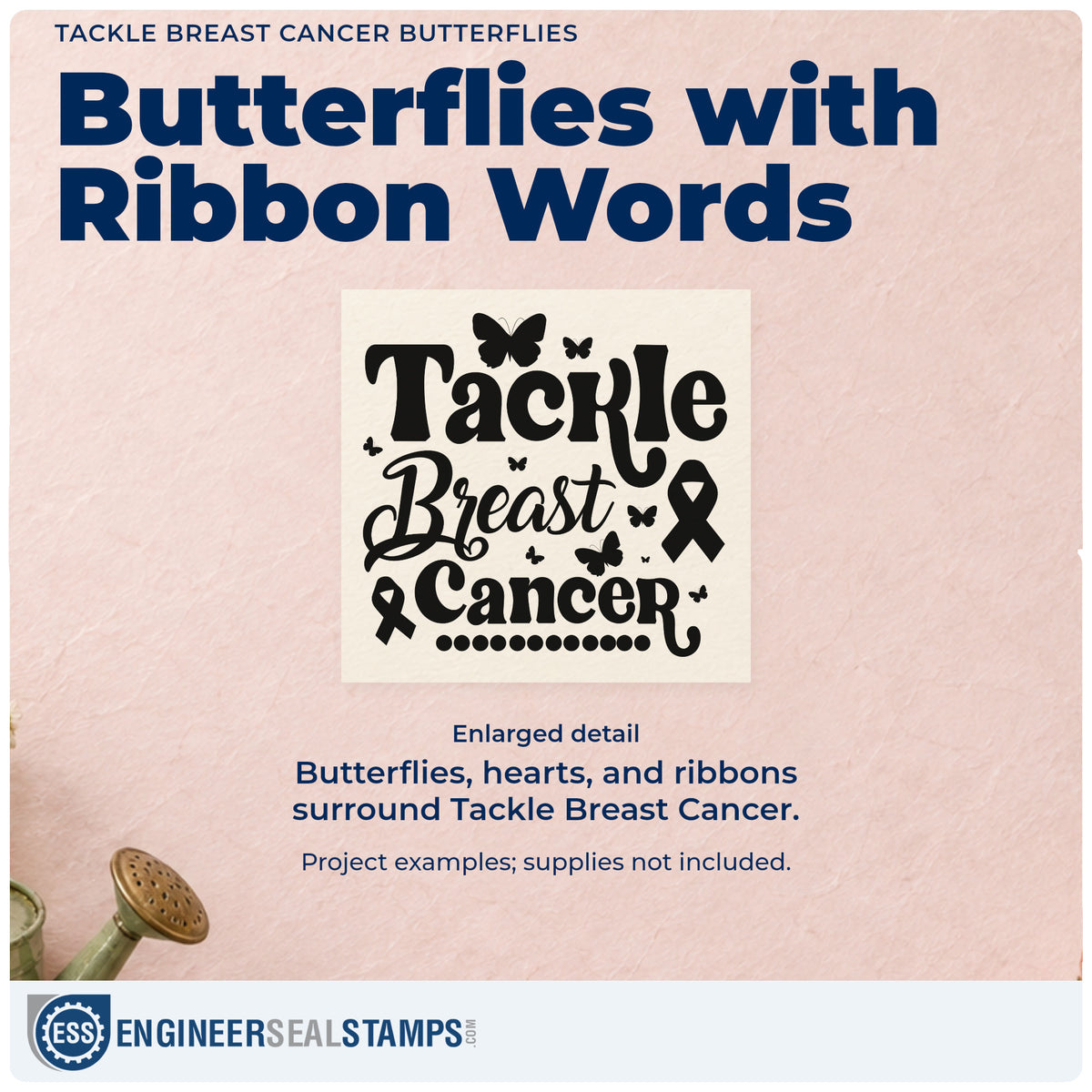 Enlarged detail of the Tackle Breast Cancer Butterflies Awareness Ribbon Slim Pre-Inked Stamp imprint. Butterflies, hearts, and awareness ribbons surround "Tackle breast cancer" in decorative lettering.