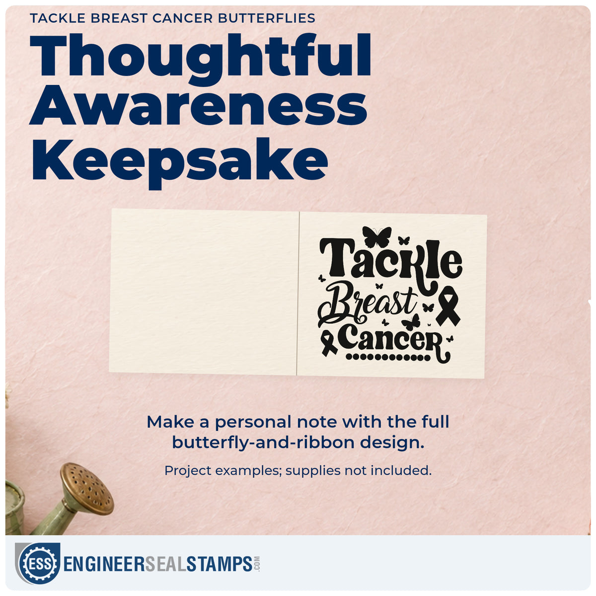 A finished handmade project stamped with the Tackle Breast Cancer Butterflies Awareness Ribbon Stamp - Premium Vintage Pro Wooden, ideal for garden party invites.