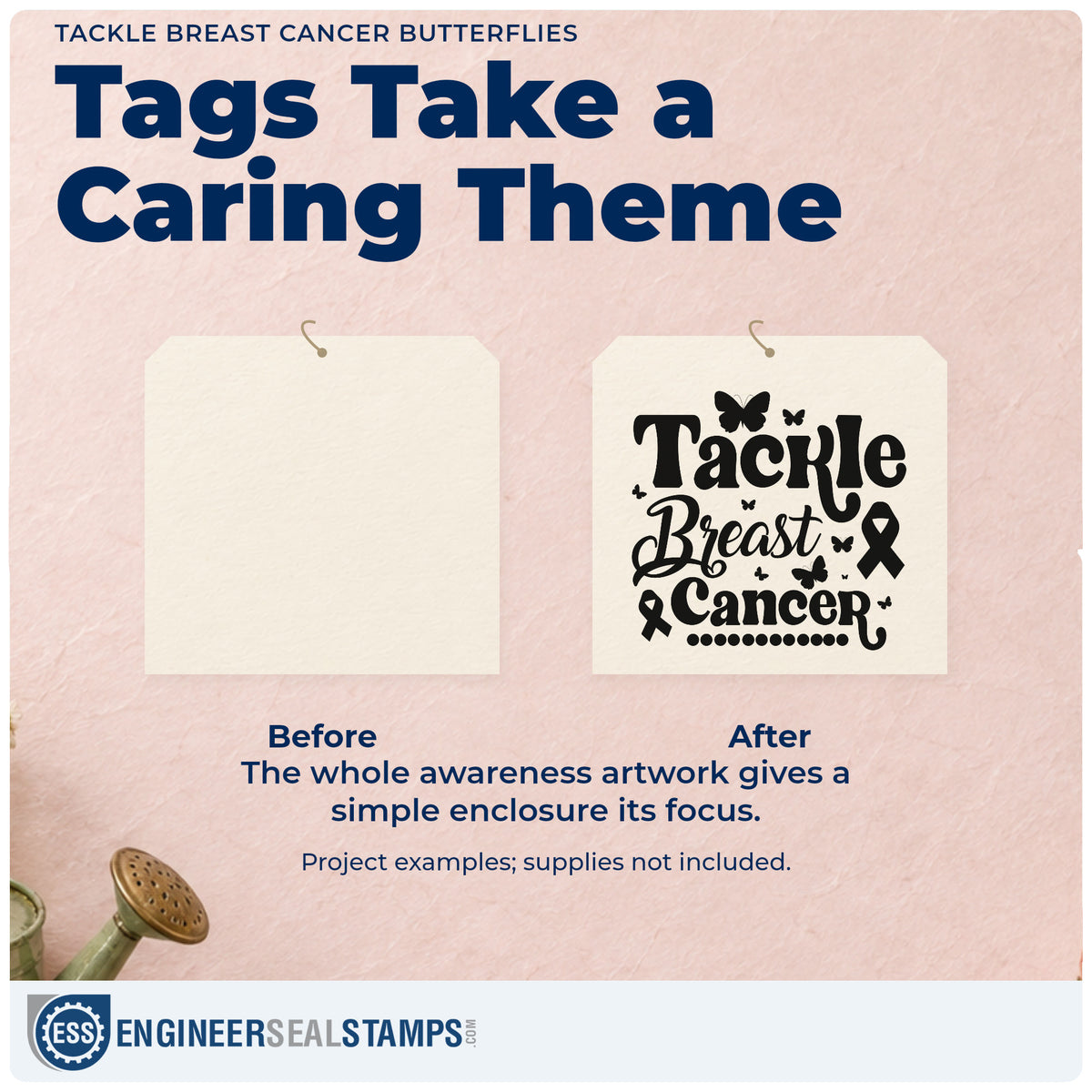 Before and after of a plain item finished with the Tackle Breast Cancer Butterflies Awareness Ribbon Slim Pre-Inked Stamp, a quick upgrade for care basket tags.